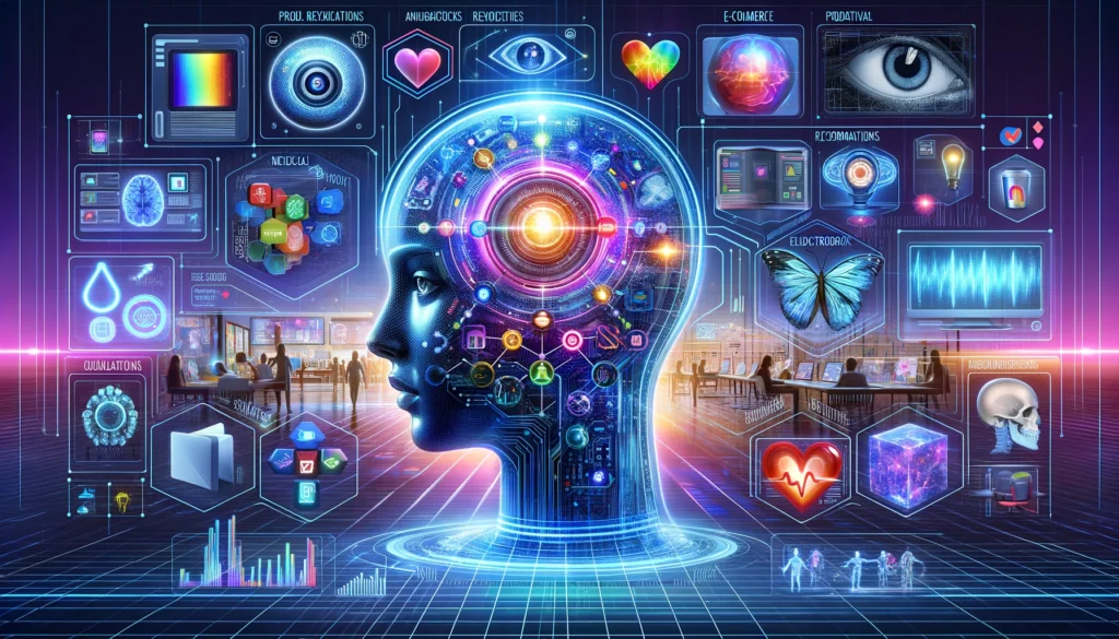 Illustration depicting GPT-40 Vision AI technology, showcasing its applications in healthcare, education, e-commerce, and security, set in a futuristic high-tech environment.