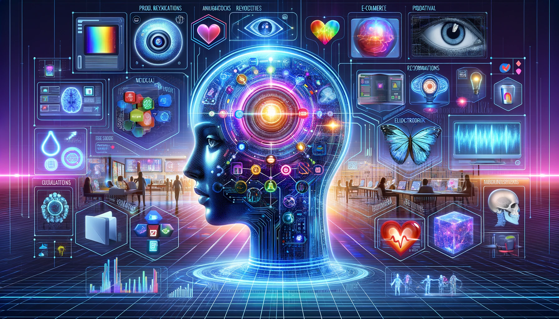 Illustration depicting GPT-40 Vision AI technology, showcasing its applications in healthcare, education, e-commerce, and security, set in a futuristic high-tech environment.