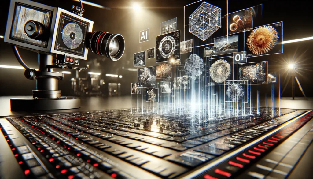 Hyper-realistic studio scene showing AI art generation process with holographic displays transforming digital designs into physical artwork