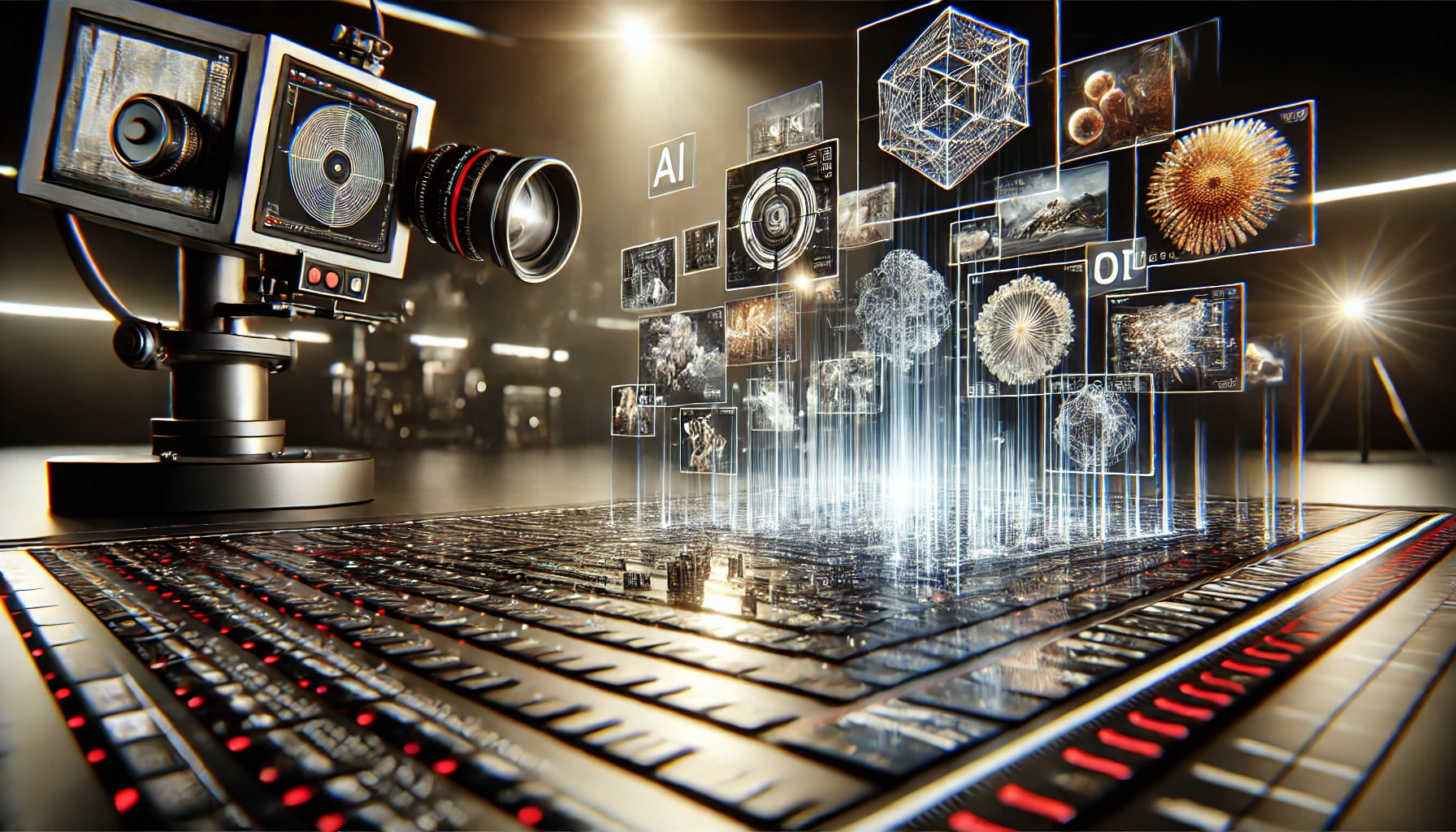 Hyper-realistic studio scene showing AI art generation process with holographic displays transforming digital designs into physical artwork