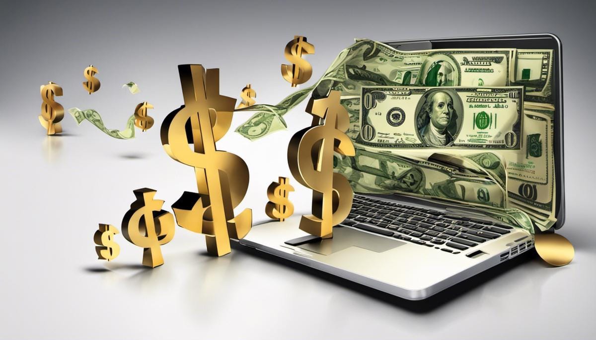Illustration of a laptop and dollar signs symbolizing the earning potential in affiliate marketing.