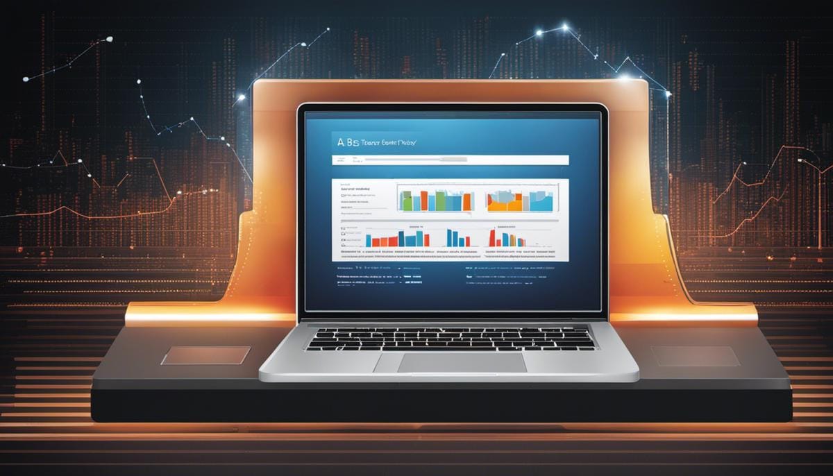 Illustration of a laptop analyzing A/B testing data